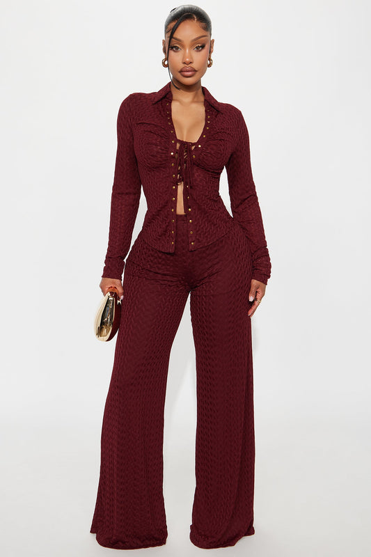 Taking It Back Textured Mesh Pant Set - Wine