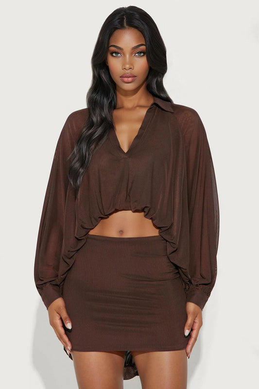 Fashion Nova - After Hours Mesh Bubble Hem Blouse Skirt Set