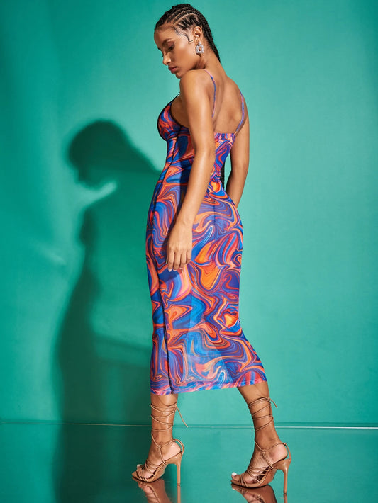 SHEIN BAE – Robe moulante à imprimé marbré à piqûre