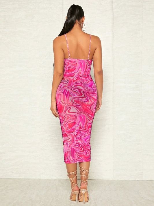 SHEIN BAE – Robe Mi-Longue Fines Brides Imprimé Marbré en Tulle