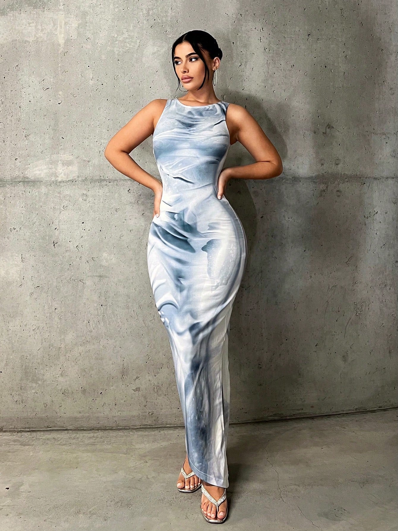 SHEIN ICON – Robe Maxi Moulante Tie Dye Bleu Azur