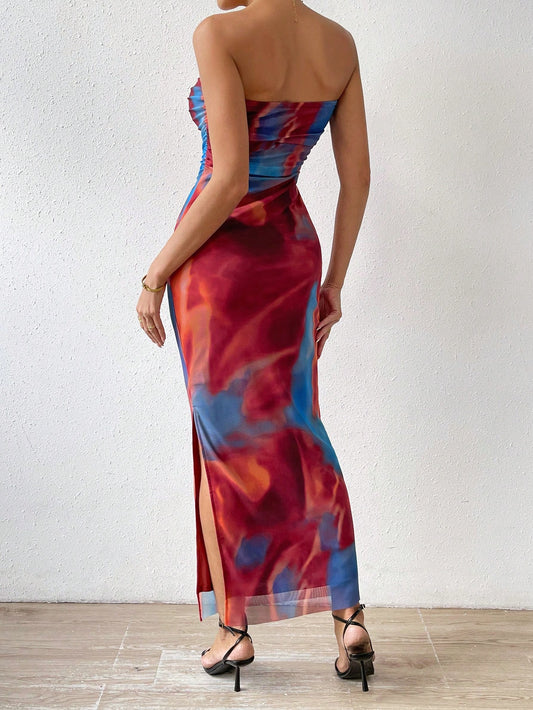 Allurite – Robe Longue Bustier Tie-Dye Corail