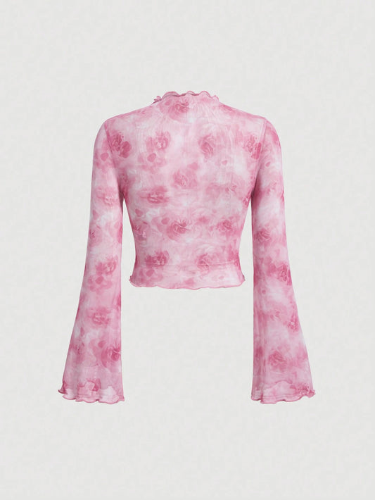 SHEIN MOD – Haut Rose à Manches Évasées et Imprimé Floral