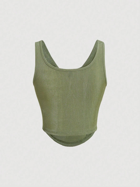 SHEIN MOD – Débardeur Col Bénitier Vert à Ourlet Asymétrique