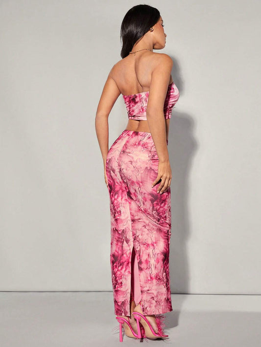 SHEIN BAE – Ensemble Bustier & Jupe Fendue Rose Bonbon à Imprimé Floral