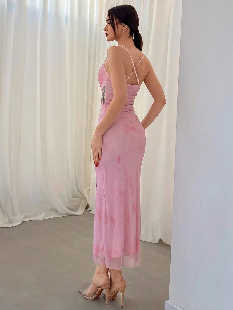 Aloruh – Robe Caraco Imprimée Roses à Col Bénitier