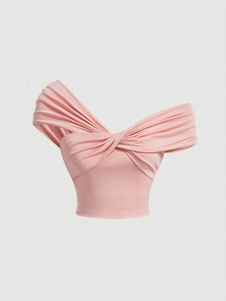 SHEIN MOD – T-shirt court en tricot avec col asymétrique et fronces