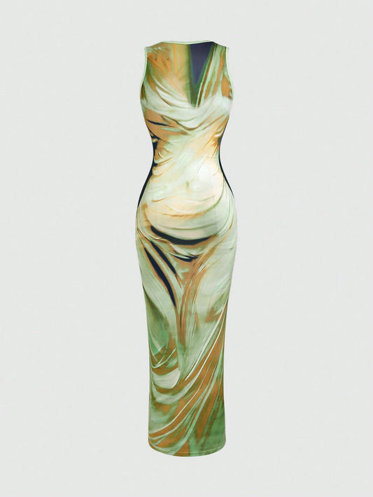 VaVaBold – Robe longue imprimée tie & dye verte