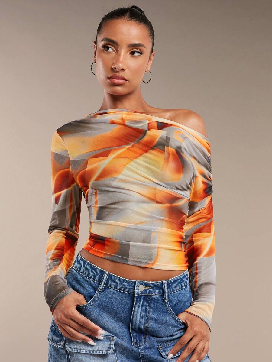 SHEIN BAE - Haut Court Asymétrique Froncé Imprimé Tie-Dye