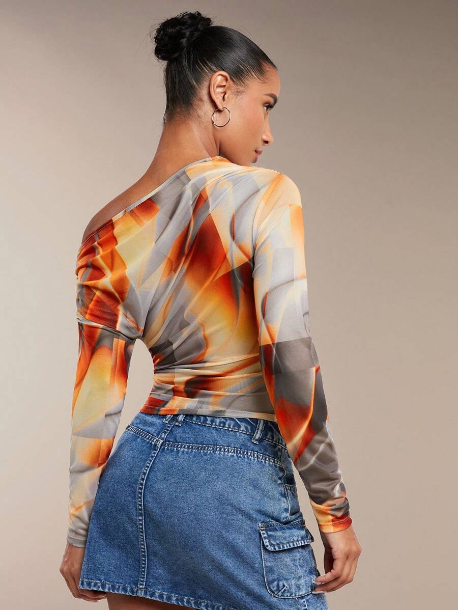 SHEIN BAE - Haut Court Asymétrique Froncé Imprimé Tie-Dye