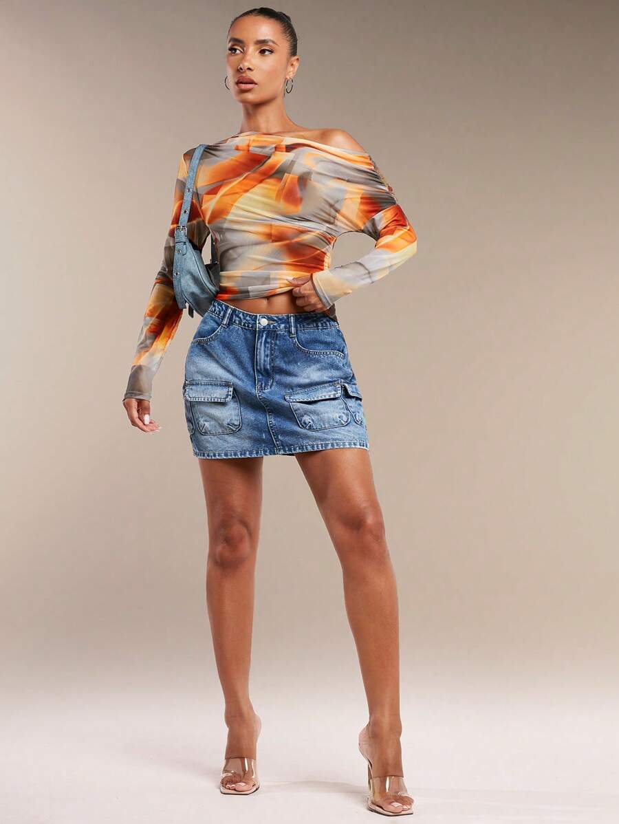 SHEIN BAE - Haut Court Asymétrique Froncé Imprimé Tie-Dye