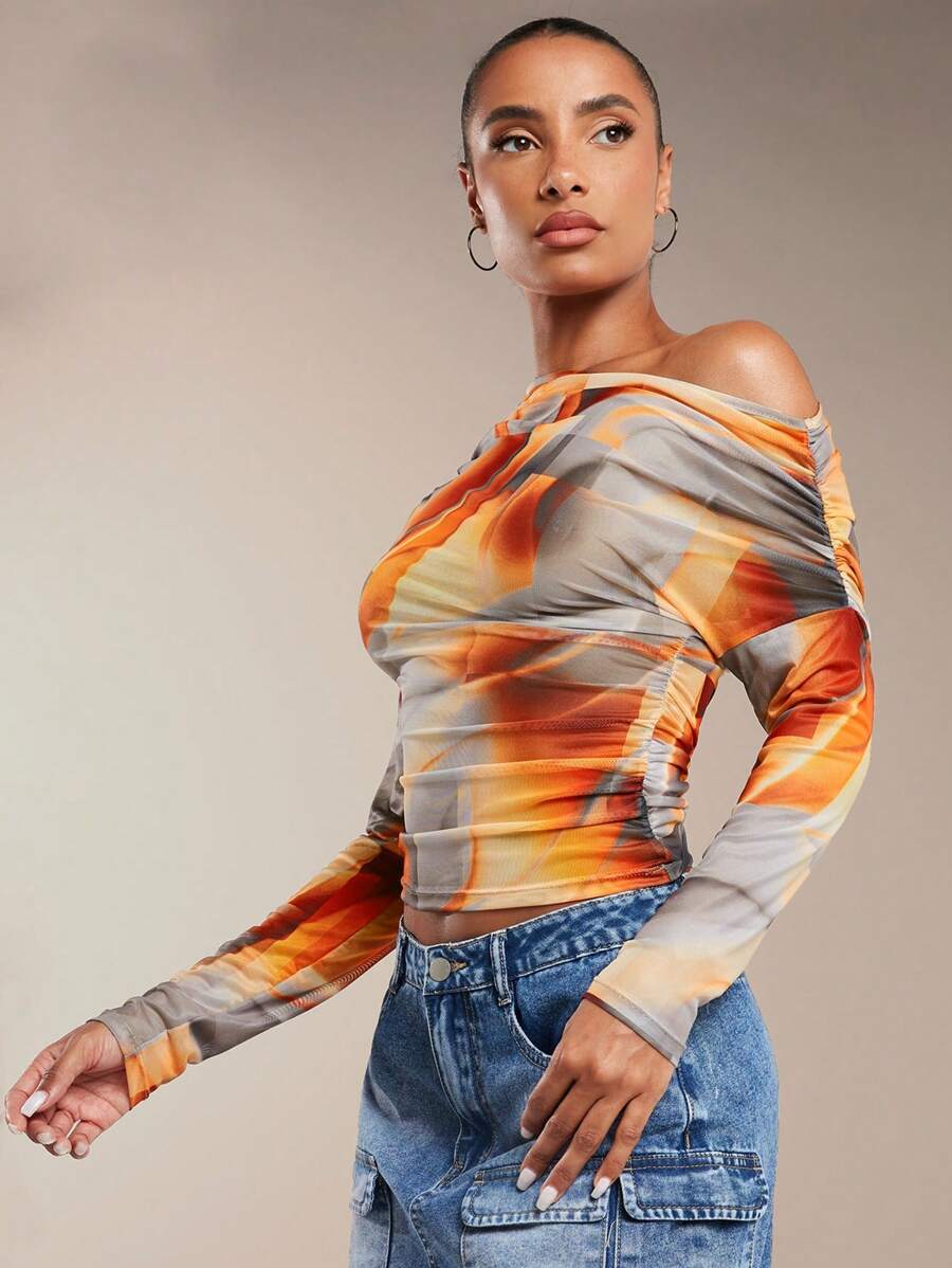 SHEIN BAE - Haut Court Asymétrique Froncé Imprimé Tie-Dye