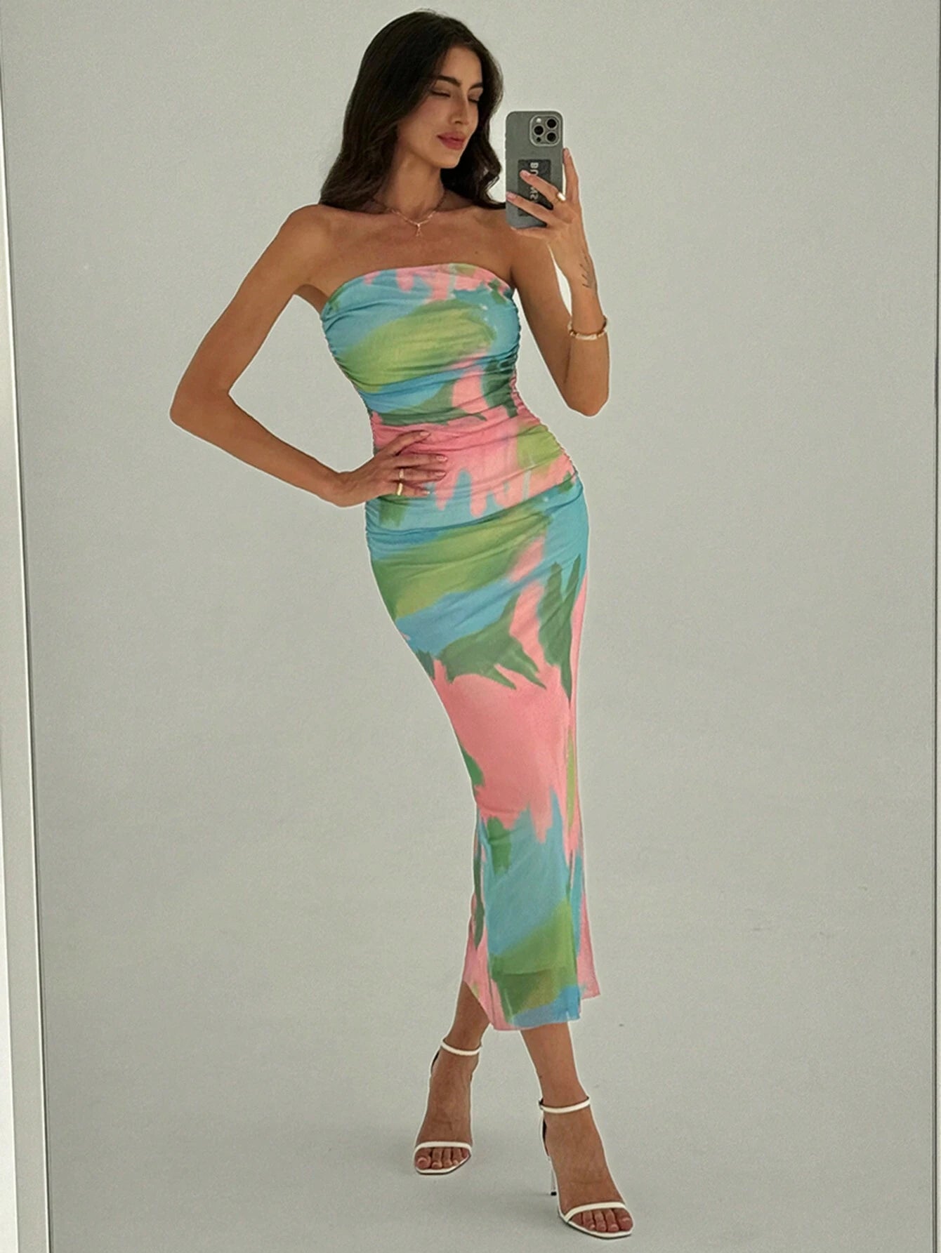 Aloruh – Robe Longue Bustier Tie-Dye en Tulle Froncé