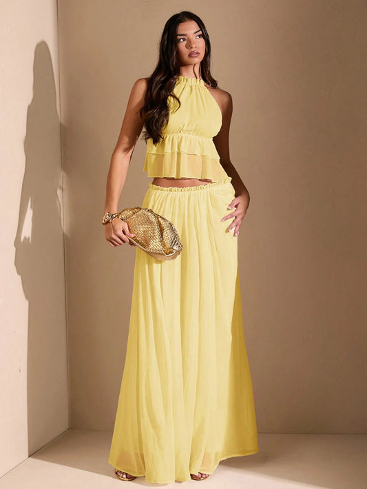 SHEIN BAE – Débardeur unicolore abricot avec ourlet froncé à dos-nu et bretelles spaghetti