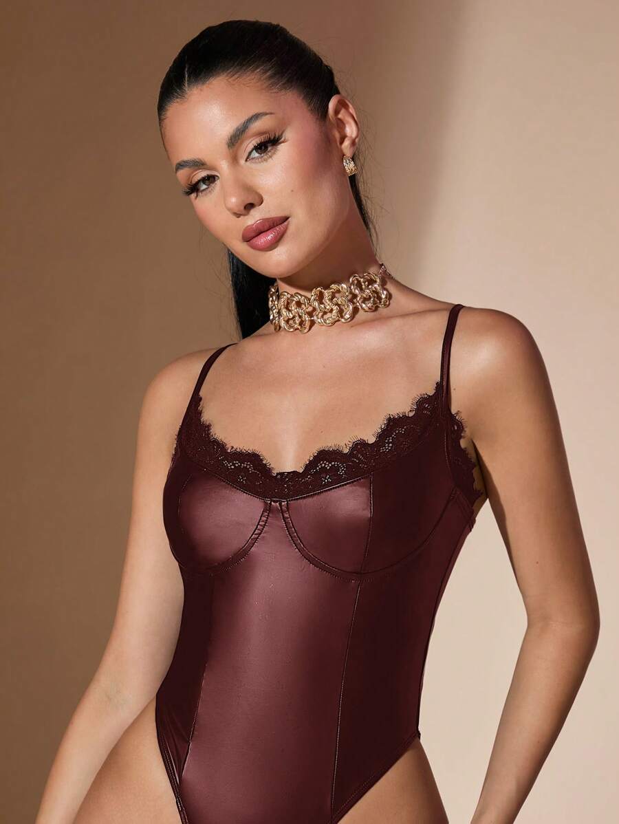 SHEIN BAE – Body sexy en PU avec patchwork en dentelle et coupe ajustée