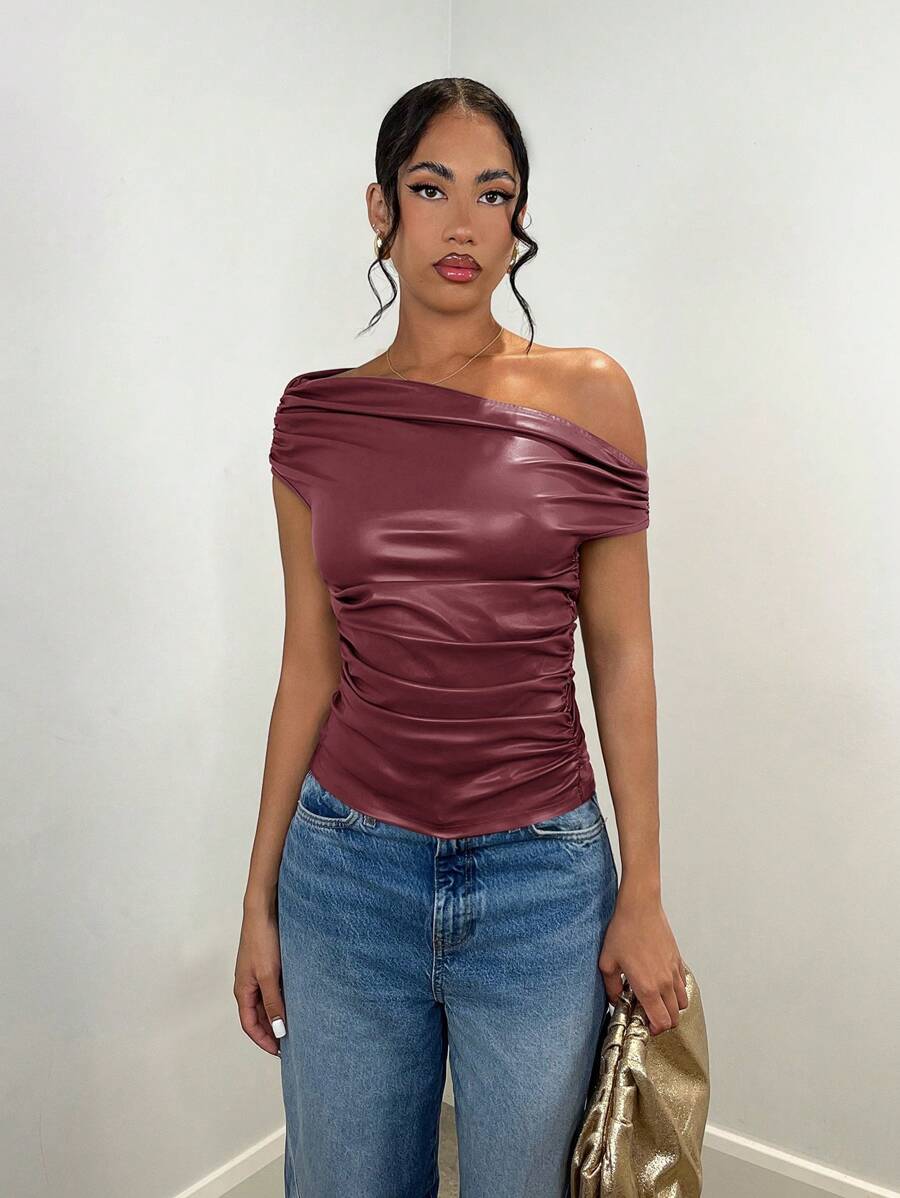 SHEIN BAE – T-shirt moulant à col asymétrique froncé en jersey stretch