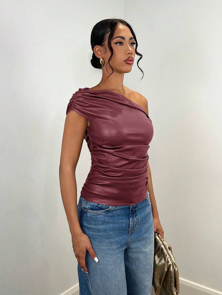 SHEIN BAE – T-shirt moulant à col asymétrique froncé en jersey stretch