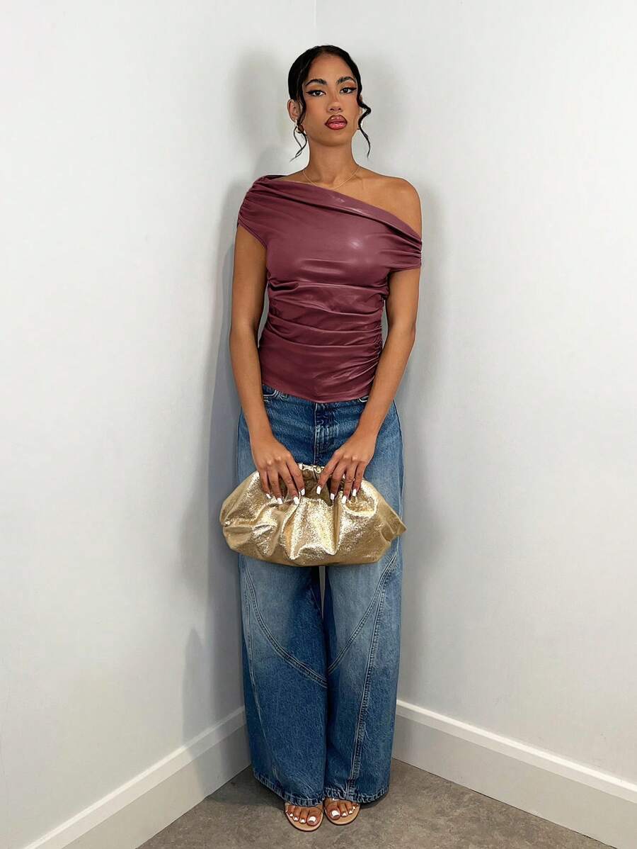 SHEIN BAE – T-shirt moulant à col asymétrique froncé en jersey stretch