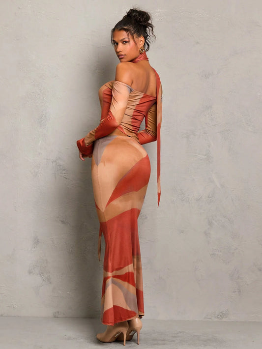 Glamine – Ensemble 2 pièces à imprimé abstrait avec top asymétrique et jupe maxi