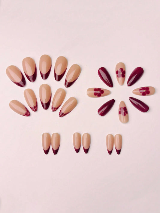 Lot de 24 Faux Ongles Courts – Bordeaux Floral & Paillettes