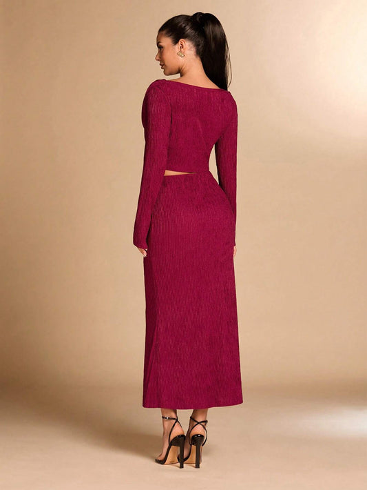 SHEIN BAE – Ensemble co-ord top drapé et jupe droite rouge