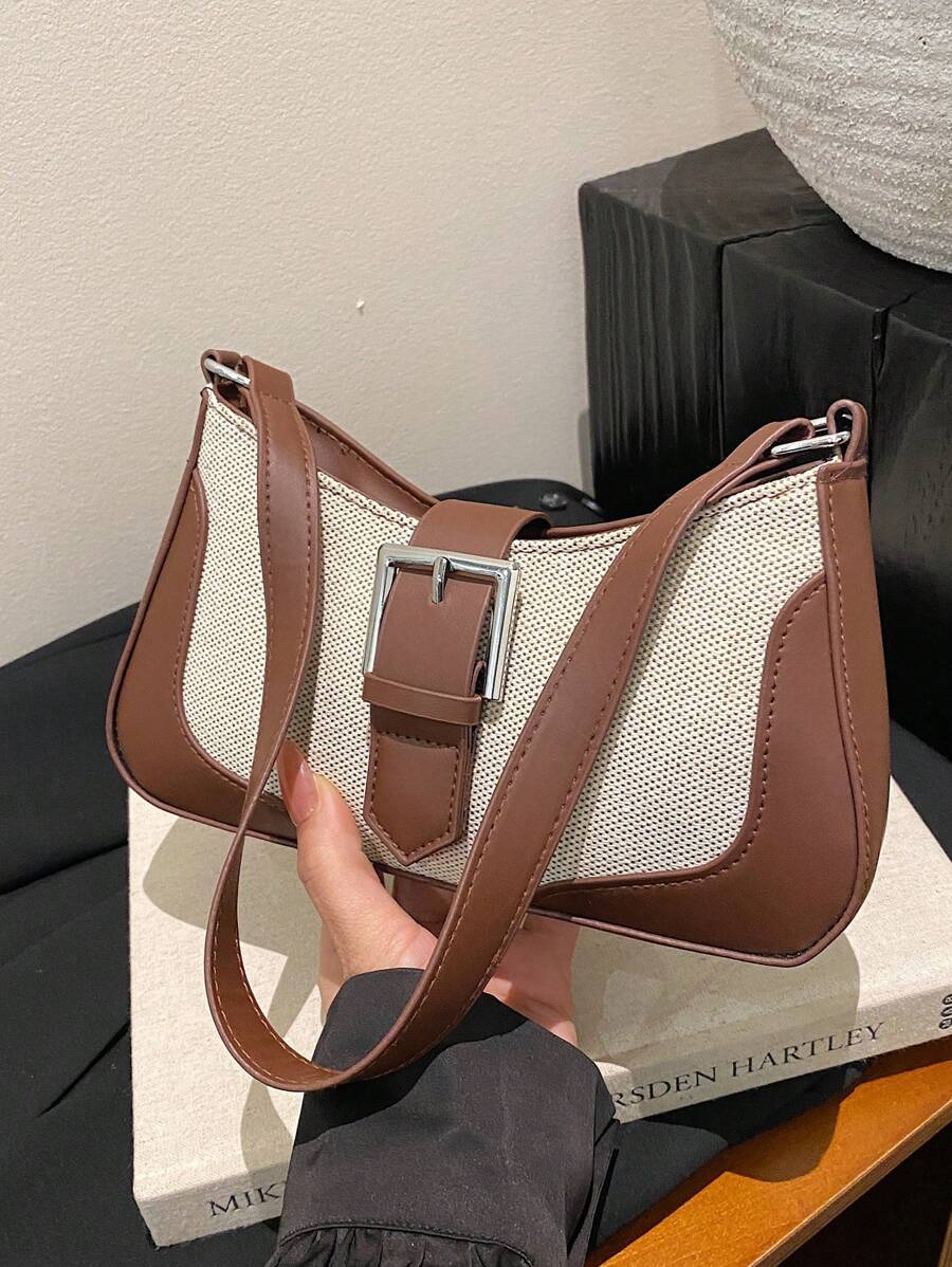 Sac Baguette Élégant en Lin avec Poignée Supérieure