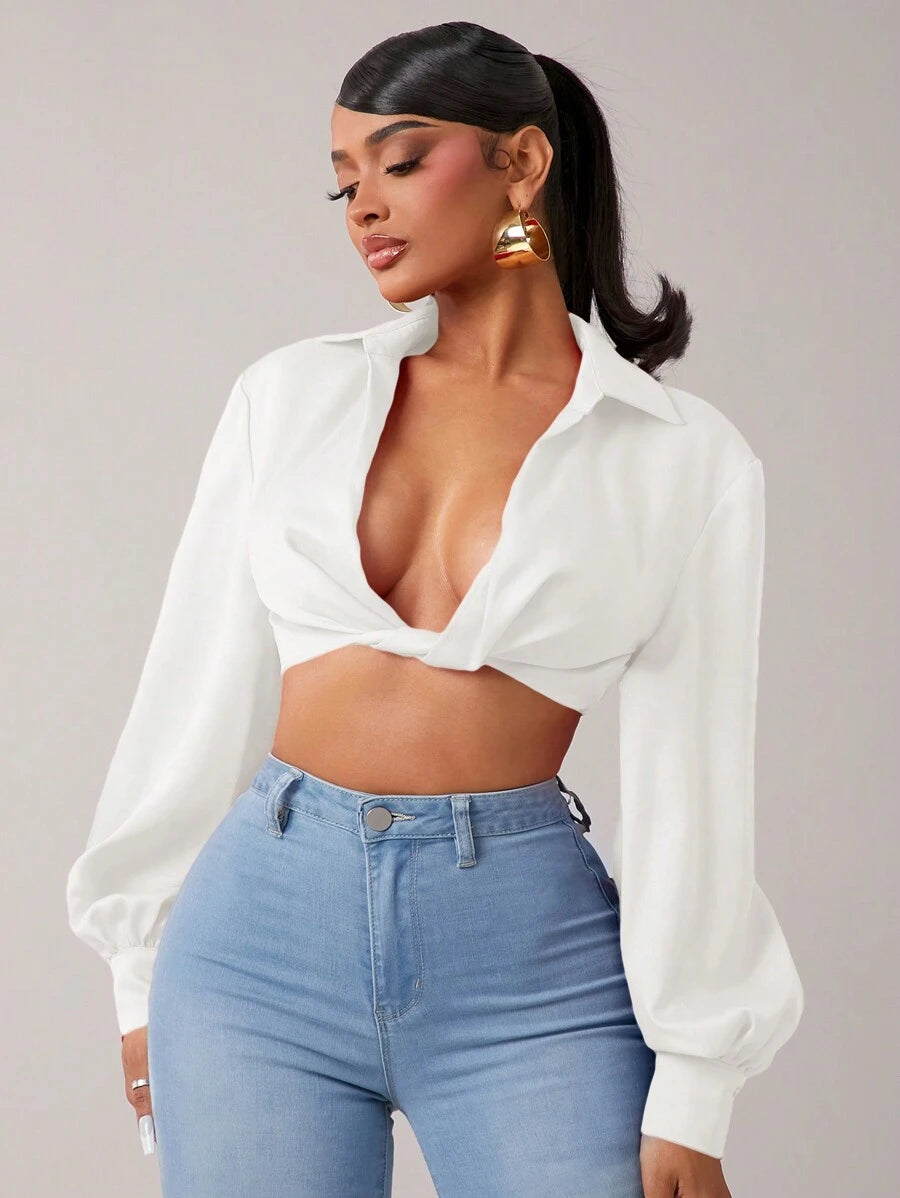 SHEIN SXY – Blouse à manches lanternes avec torsion avant et coupe ajustée