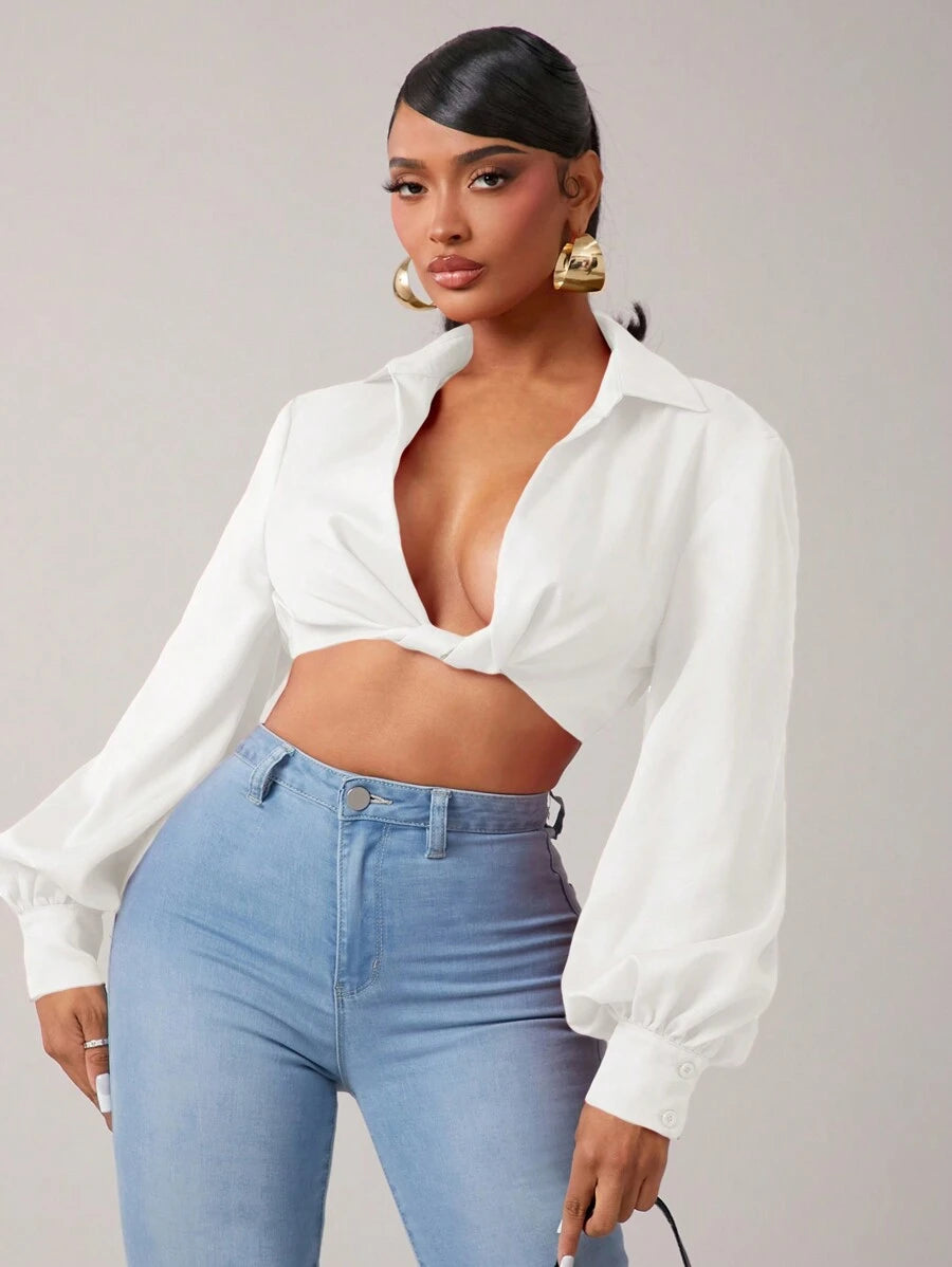 SHEIN SXY – Blouse à manches lanternes avec torsion avant et coupe ajustée