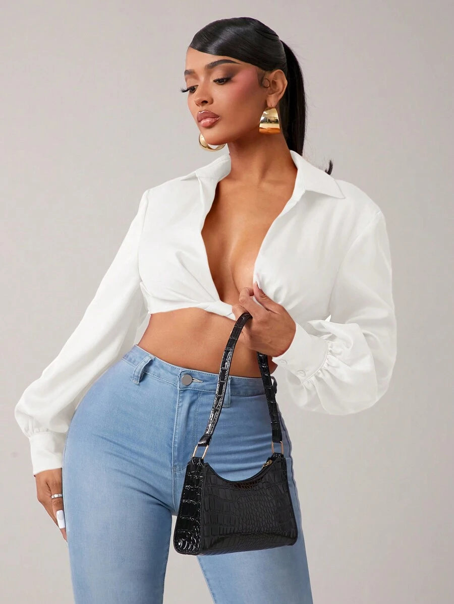 SHEIN SXY – Blouse à manches lanternes avec torsion avant et coupe ajustée