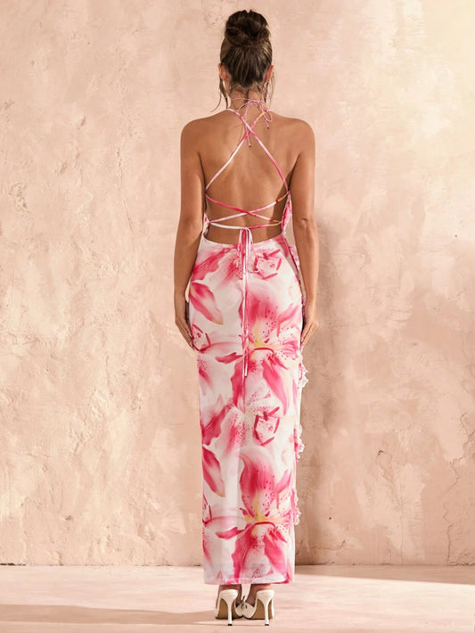 SHEIN BAE – Robe maxi à fines bretelles et imprimé floral romantique