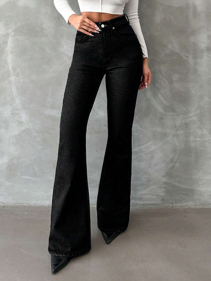 RueChic – Jeans évasés en coton à fermeture éclair, décontractés et élégants