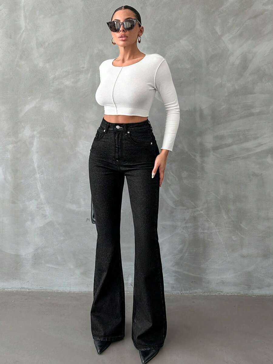 RueChic – Jeans évasés en coton à fermeture éclair, décontractés et élégants