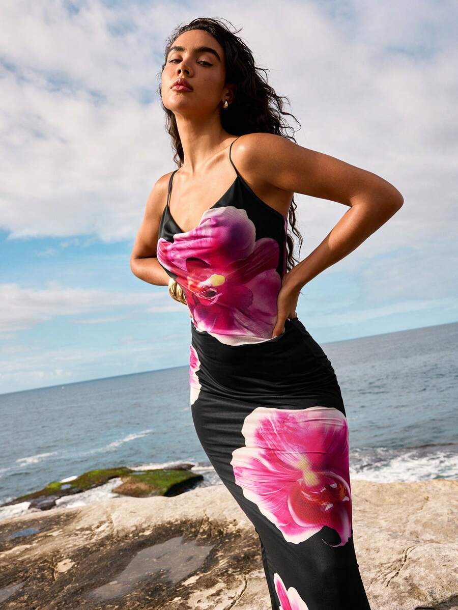 Aloruh – Robe maxi à décolleté plongeant et imprimé floral, coupe slim