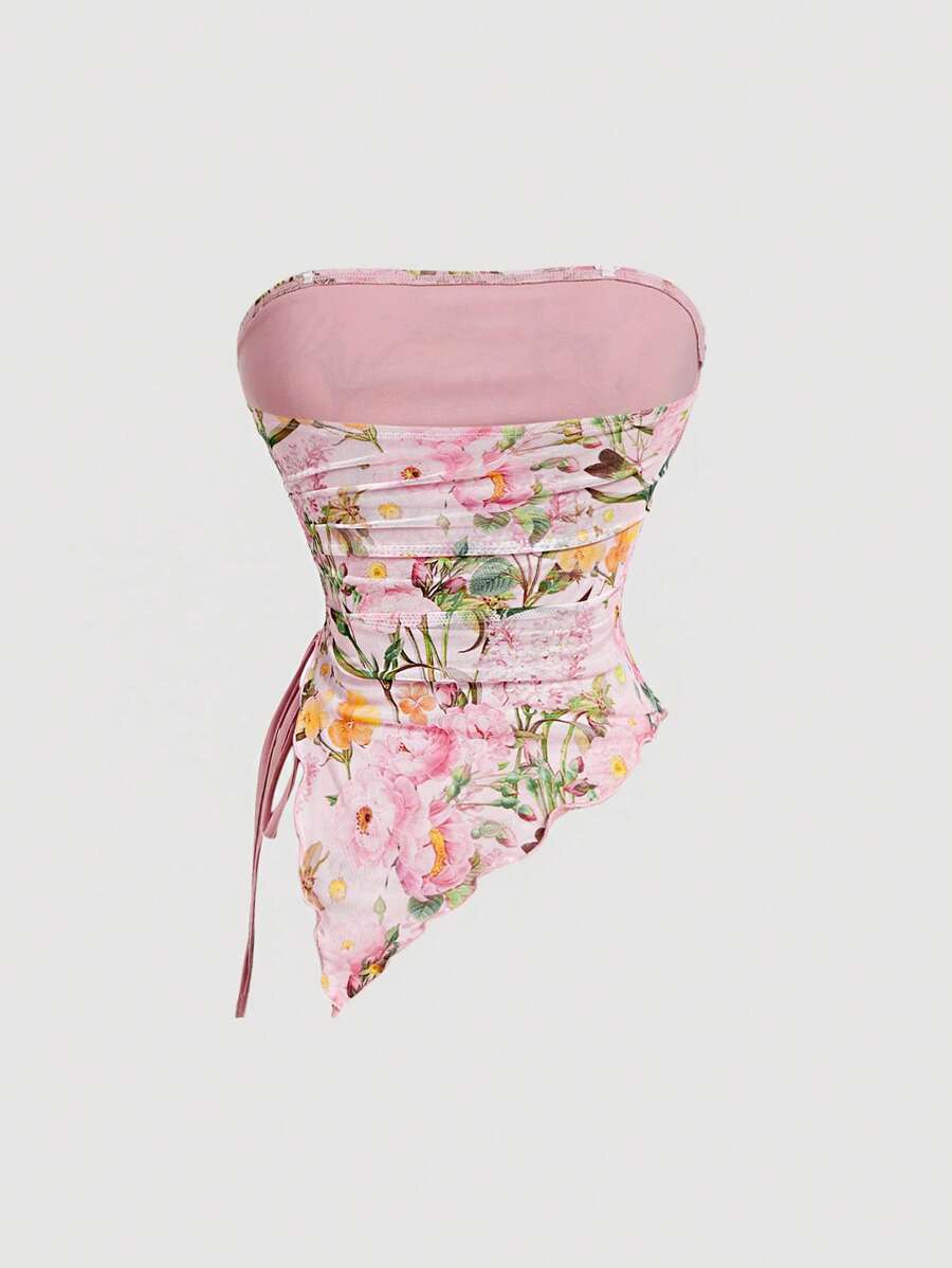 SHEIN MOD – Top sans bretelles à ourlet asymétrique et motif floral