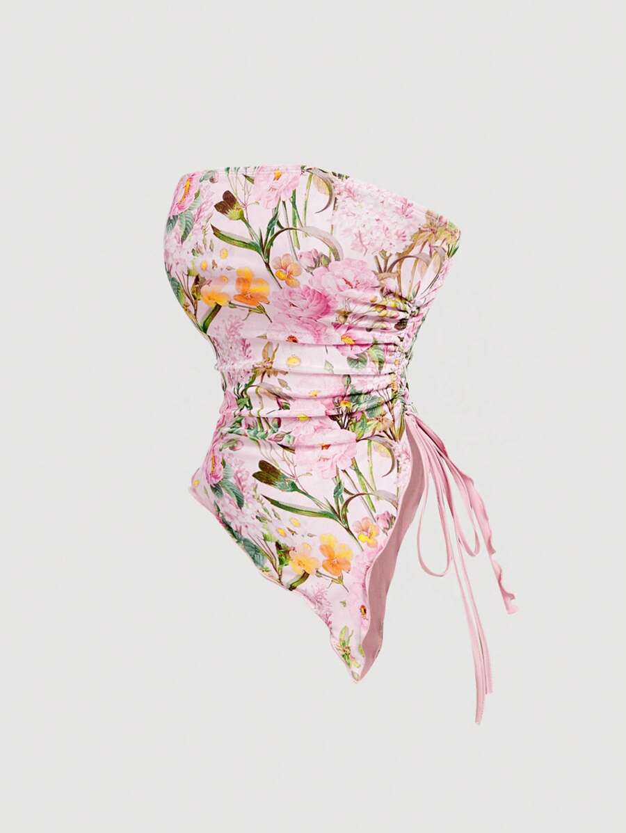 SHEIN MOD – Top sans bretelles à ourlet asymétrique et motif floral