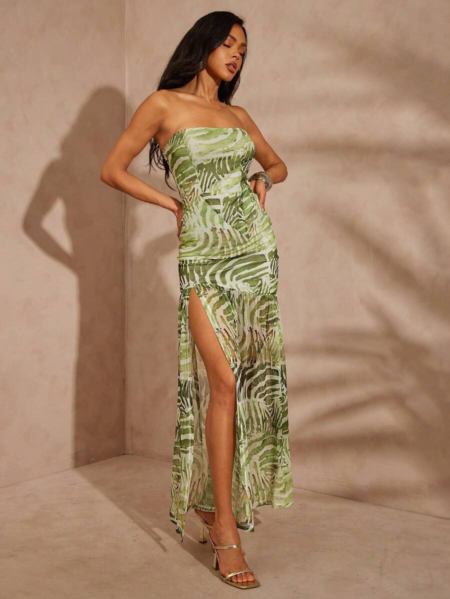 Hauture – Robe longue fendue en maille avec top tube et imprimé animal
