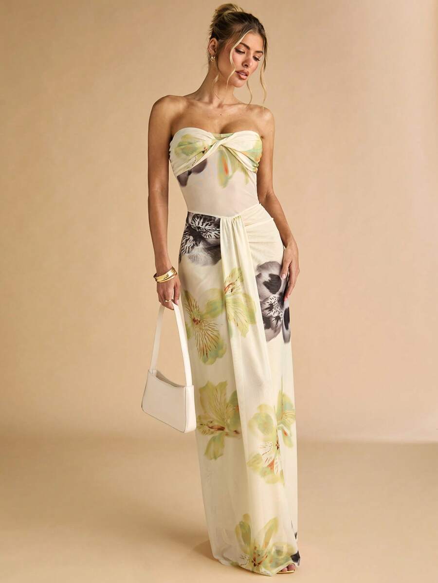 SHEIN BAE – Robe maxi moulante à imprimé floral, épaules dénudées et taille vrillée