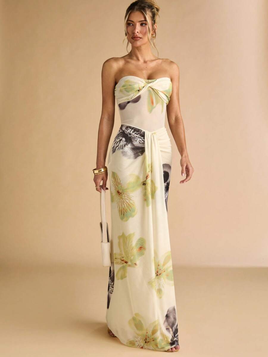 SHEIN BAE – Robe maxi moulante à imprimé floral, épaules dénudées et taille vrillée
