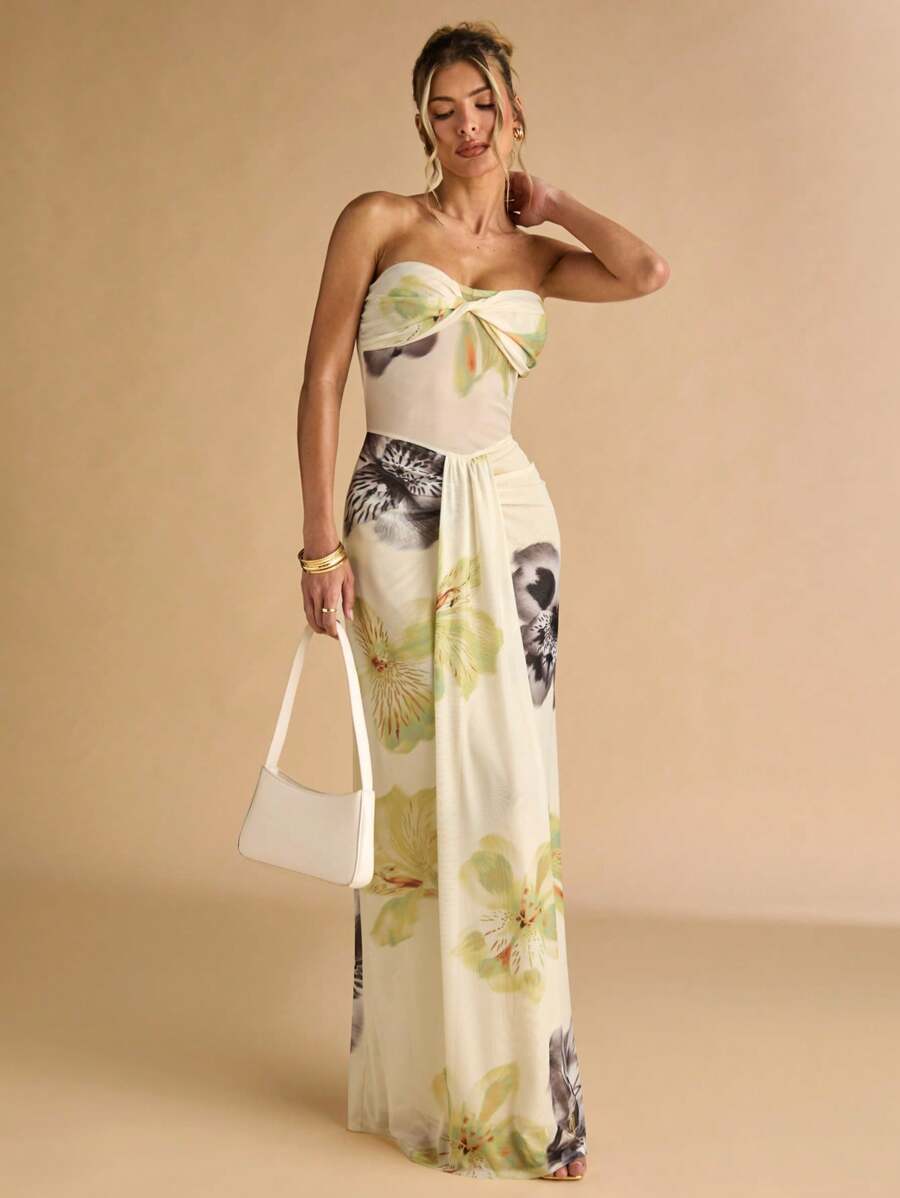 SHEIN BAE – Robe maxi moulante à imprimé floral, épaules dénudées et taille vrillée