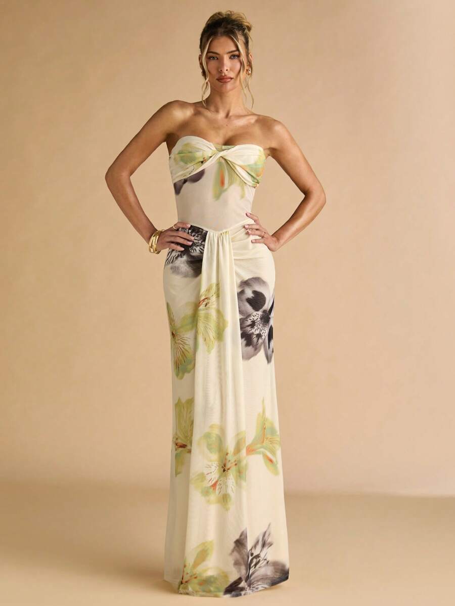 SHEIN BAE – Robe maxi moulante à imprimé floral, épaules dénudées et taille vrillée