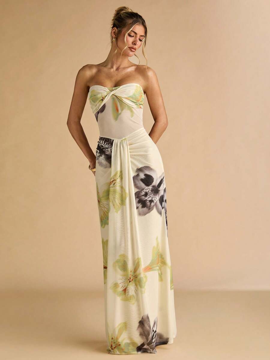 SHEIN BAE – Robe maxi moulante à imprimé floral, épaules dénudées et taille vrillée