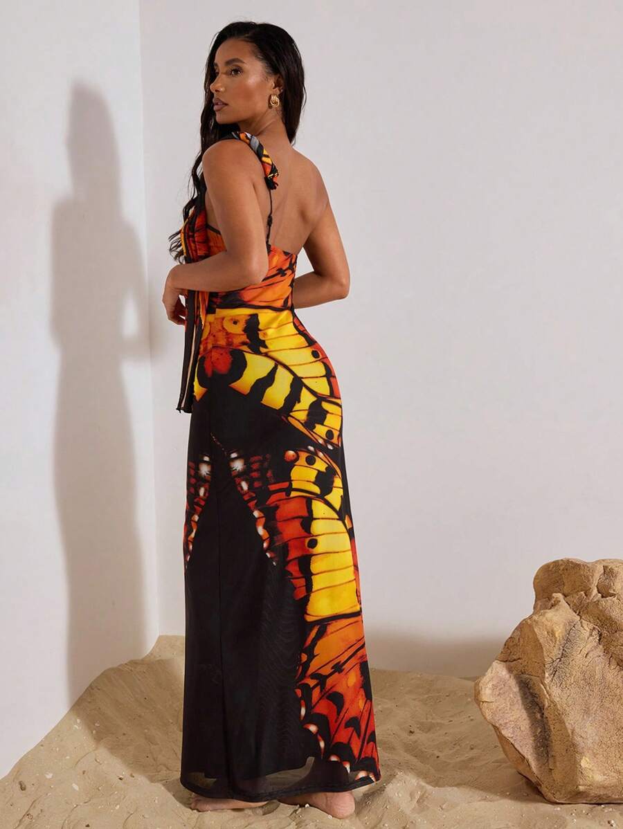 Opulessa – Robe fendue en maille tricotée avec dos nu et imprimé graphique