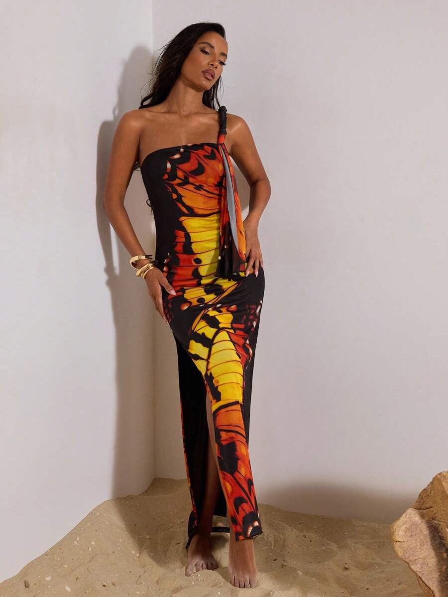 Opulessa – Robe fendue en maille tricotée avec dos nu et imprimé graphique