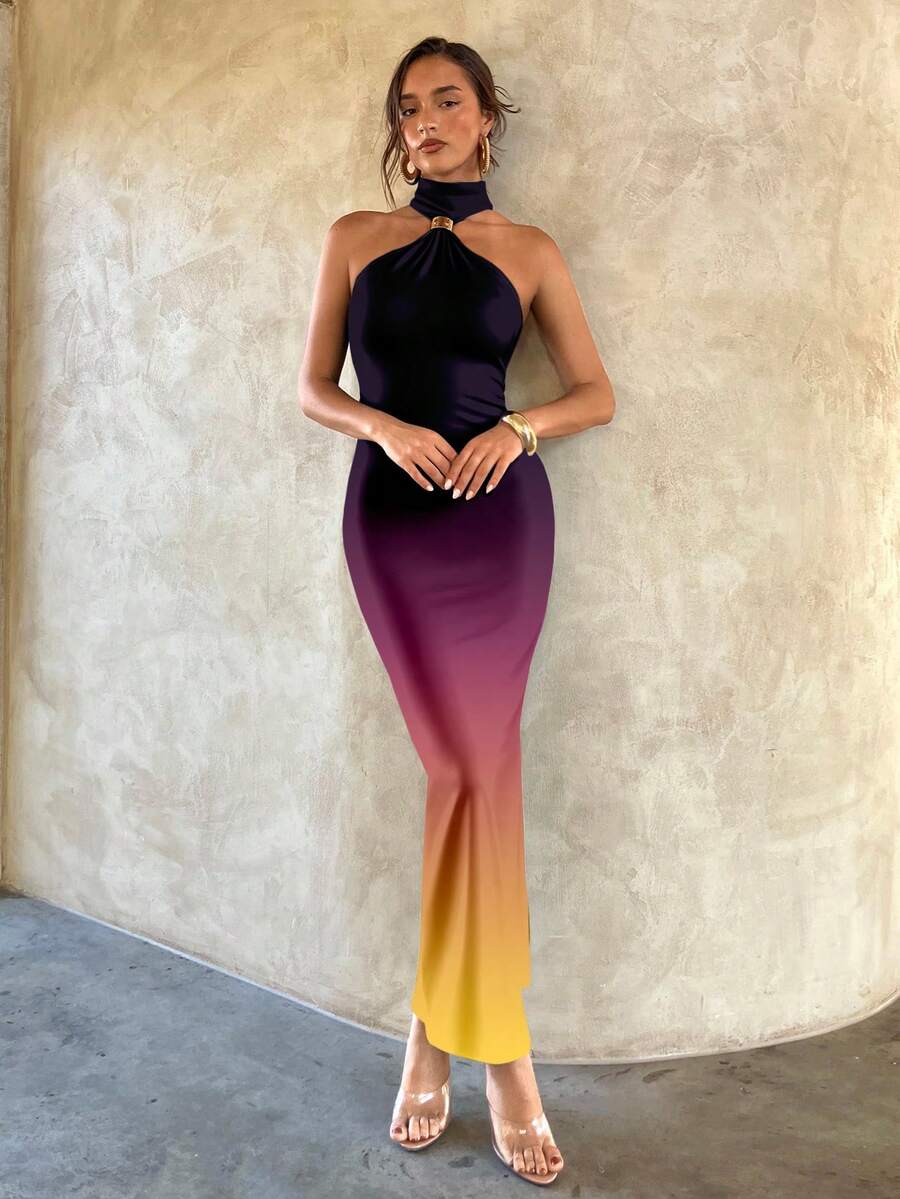 Aloruh – Robe maxi moulante en tricot avec boucle métallique et imprimé dégradé