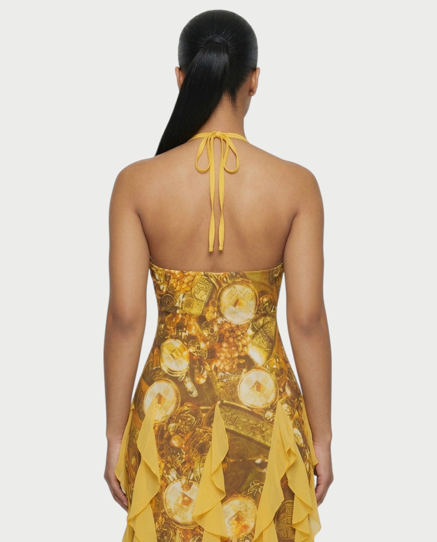 Bachina – Robe maxi à volants et imprimé chaîne baroque