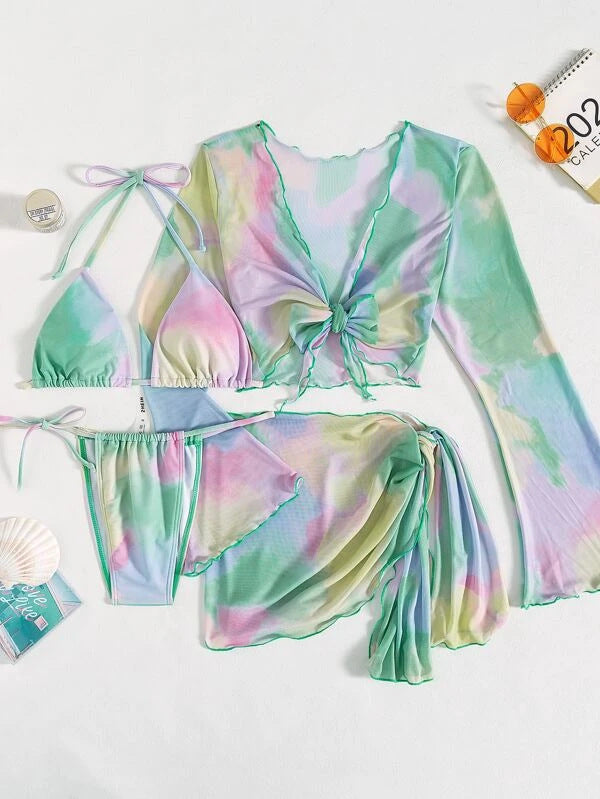 Bikini Beachwear – Ensemble trois pièces en tissu extensible avec design noué