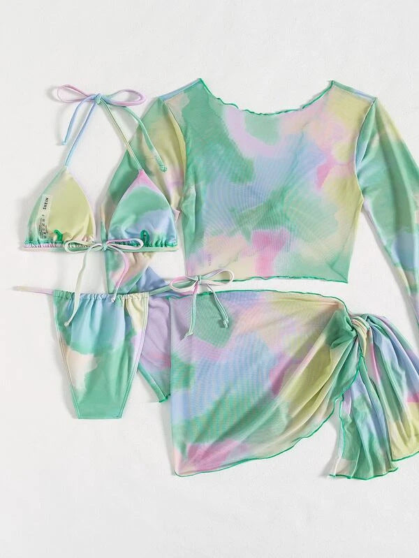 Bikini Beachwear – Ensemble trois pièces en tissu extensible avec design noué