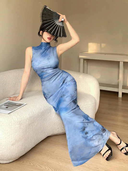 ATYWS – Robe en maille sans manches avec col haut et coupe longue