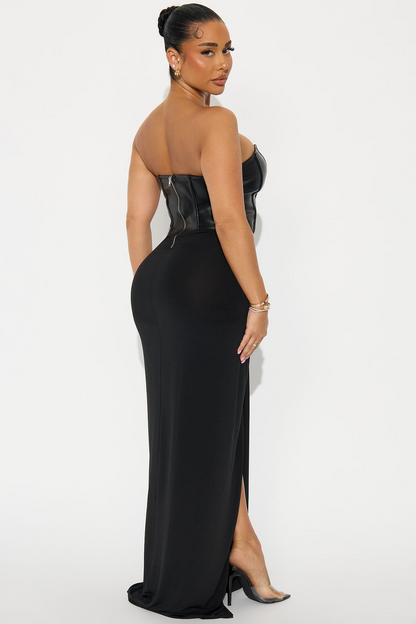 Bachina – Robe maxi en simili cuir à coupe droite et fermeture zippée