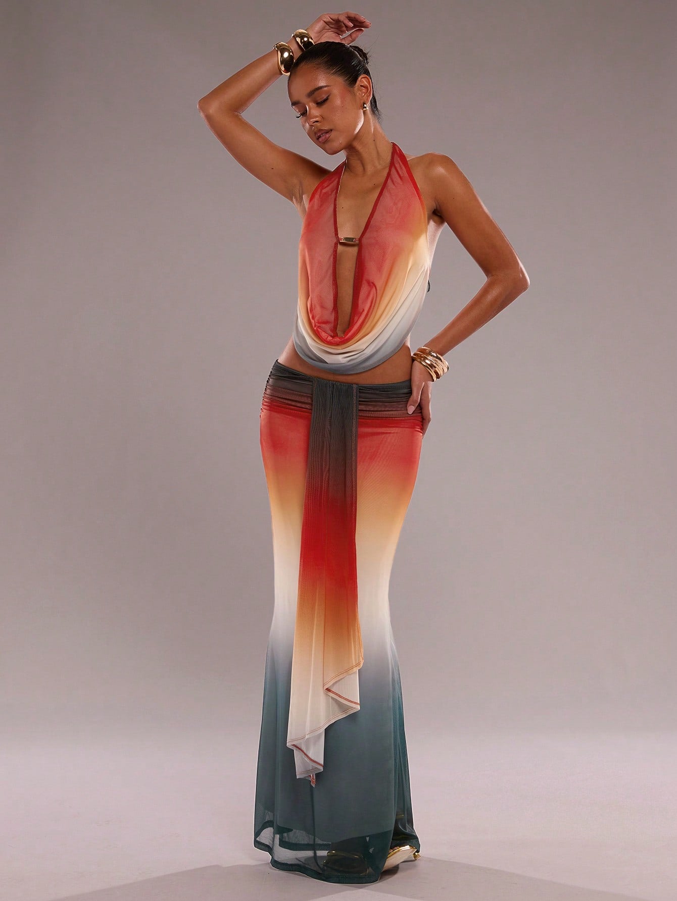 SHEIN BAE – Ensemble en patchwork avec écharpe flottante et taille élastique